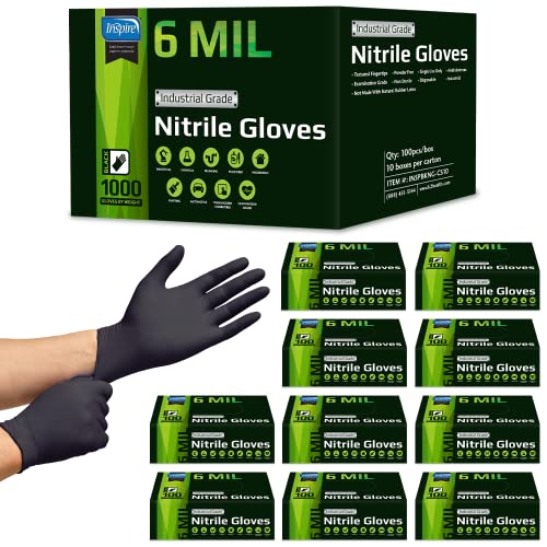 Inspire 6 or 8 Mil HEAVY DUTY Stretch Nitrile Black Gloves Disposable Latex Free - color: Black 6 Mil, size: Large