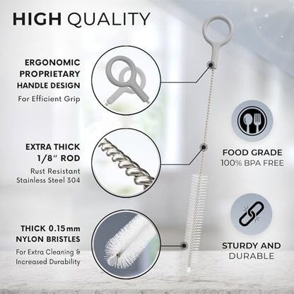 Buenalife Heavy Duty Cleaning Brushes Set of 4 - Extra Long Straw Cleaners for Metal and Plastic Reusable Drinking Straws, to Clean Small Spaces, Sippy Cups, Water Bottles - Sturdy Hard Brush Bristles - color: Gray