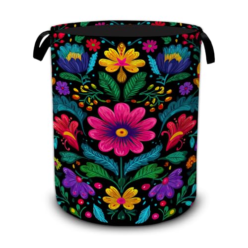 Colorful Floral Mexican Laundry Basket with Handles,Foldable Oxford Laundry Hamper,Collapsible Clothes Storage Basket for Laundry Room/Bathroom/Bedroom/Dormitories 20.8 x 16 Inches - color: Colorful Floral Mexican