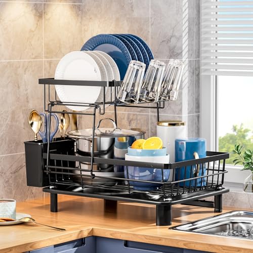 GAOKASE Dish Drying Rack, Stainless Steel-Dish Rack, Double Layer, - color: Black 3