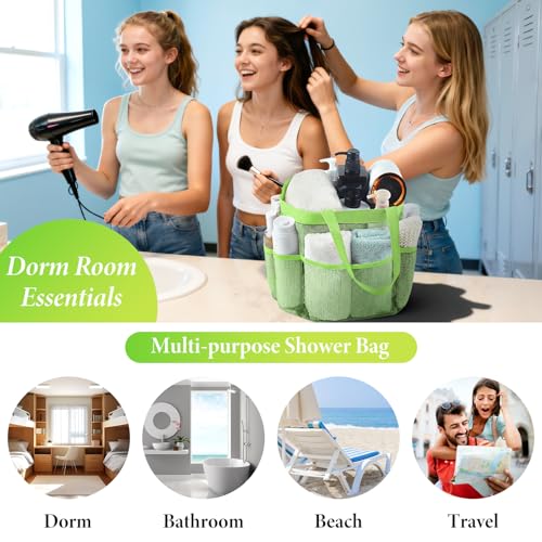 Mesh Shower Caddy Portable - 9 Pockets, Shower Bag for Dorm Room Camping - color: light green