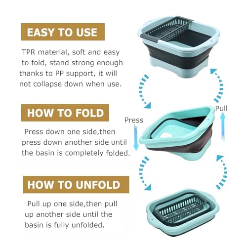2.98 Gallon (11.28L) Collapsible Dish Basin with Drain Plug, Outdoor Multiuse Foldable Sink Tub, Dishpan, Wash Basin, Portable Kitchen Storage Tray for Camping, RV, Beverage Bucket (Green) - color: Green