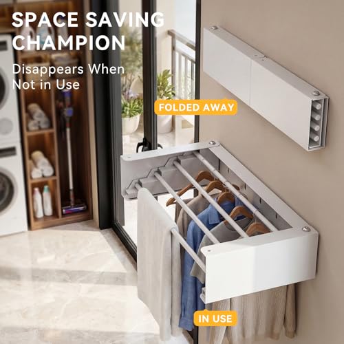 Wall Mounted Drying Rack, 23.6" Retractable Clothes Drying Rack, Heavy Duty 60LB Capacity with 4 Stainless Steel Rods, Foldable Laundry Rack for Indoor Laundry Room, Balcony & Bathroom - color: Standard, size: Width 21.6"