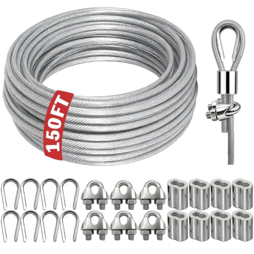NAZOU 3/16 Inch Coated Steel Wire Rope, Hanging String Lights, Clotheslines - color: Silver, size: 150FT