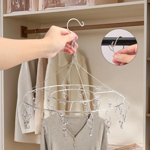 6 Pack 13 inch Round Stainless Steel Drying Rack with 20 Clips, Swivel Sock Drying Rack with Windproof Clips, Stainless Steel Clothes Hanger for Bras, Clothes, Sock & Underwear Towels - size: 6 Pack