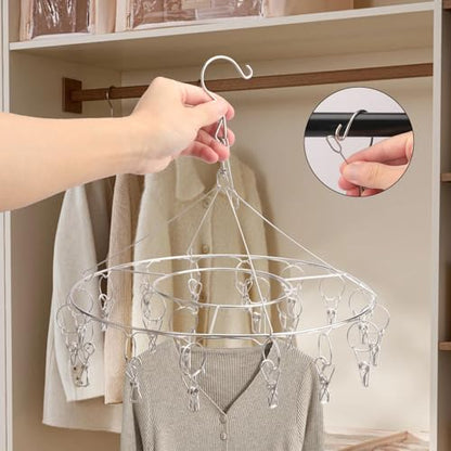 6 Pack 13 inch Round Stainless Steel Drying Rack with 20 Clips, Swivel Sock Drying Rack with Windproof Clips, Stainless Steel Clothes Hanger for Bras, Clothes, Sock & Underwear Towels - size: 6 Pack