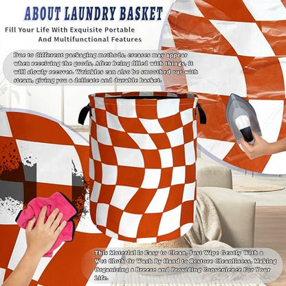 Orange Checkerboard Laundry Basket Oxford Cloth Foldable Hamper 18.9x16.5In - color: Orange Checkerboard Pattern