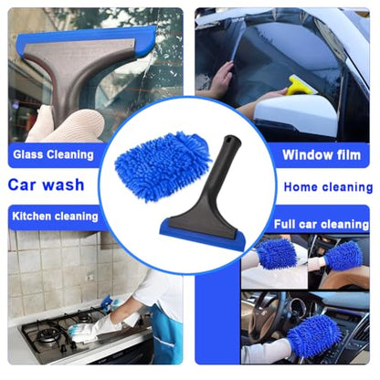 Window Tint Tool Small 6" Silicone Handy Cleaning Squeegee and Car Wash Mitt Chenille Microfiber Super Absorbent for Car Windshield, Window, Mirror, Glass Door,Shower(Blue) - size: Blue