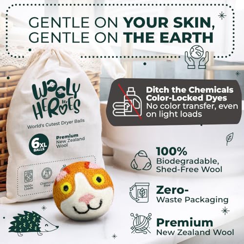 Chemical Free & Baby Safe! Reusable Wool Dryer Balls XL 6-Pack - Reduces Static, Cuts Dry Time, & Softens Naturally - color: Whimsicat & Friends