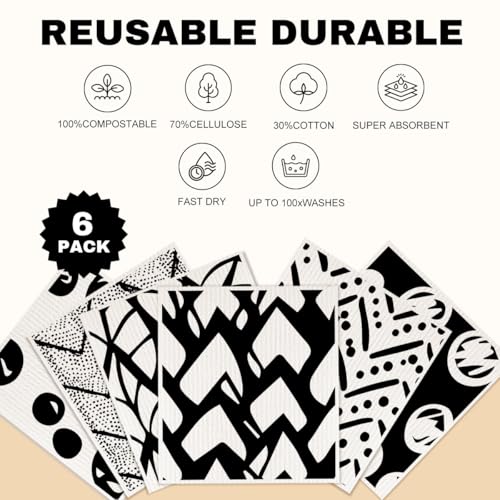 6 Pack Swedish Reusable Kitchen Dishcloths, Black White Geometric Cellulose Sponge Cloths, Washable Absorbent No Odor Eco Towels, Dish Washing Cleaning Supplies - color: Multi 1531