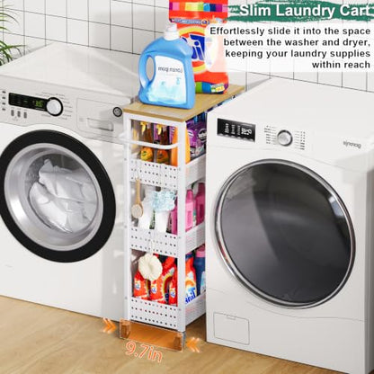 Laundry Room Slim Rolling Cart with Wheels for Between Washer and Dryer Gap - color: Light White, size: 9.1″ Wide