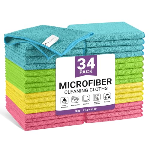 34 Pack Microfiber Cleaning Cloth, 4 Assorted Colors Cleaning Rags for Housekeeping, Colorful Reusable Microfiber Towels for Car, Kitchen, Bathroom and Household Cleaning Supplies, 11.8"X11.8" - color: B.4 Assorted Colors, size: 1 Count (Pack of 34)