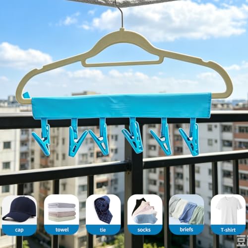 Mini Clothespins Travel Hangers 3-Pack Solid Blue, Foldable Portable Clothes Hangers with 6 Non-Slip Clips for Socks Swimsuit Towel Drying Rack, Cruise Dorm Camping Travel Essentials - color: 3-blue