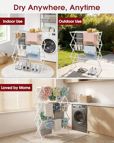 Sakugi Foldable 3-Tier Clothes Drying Rack 42.1" H with Non-Slip Feet - color: White, size: 3 Tier Large