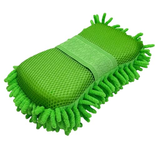 Microfiber Car Wash Sponge, Scratch-Free Vehicle Washing Mitt with Chenille & Mesh Sides, Highly Absorbent Sponge Lint-Free Cleaning Tool for Car Washing & Detailing (Green) - color: Green, 1 Pcs