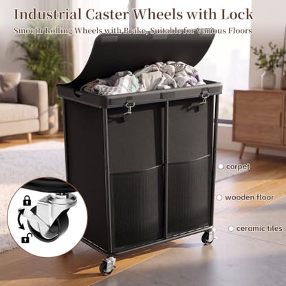 Laundry Hamper with Wheels and Lid, 225L Large Rolling Laundry Basket Black - color: Black, size: 225L