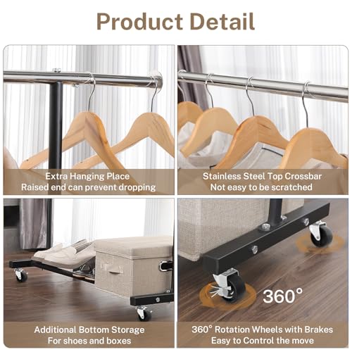 VICERII Clothes Rack, 130LB Capacity Heavy Duty Clothing Rack with Wheels and Bottom Shelf, 52.17 Inch Rolling Racks for Hanging Clothes, Coats, Shirts, Sweaters, Skirts, Dress, Black - color: Matte Black, size: Single