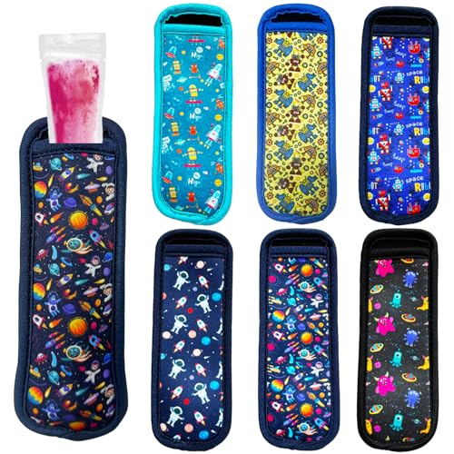 6 Pieces SLEILIN Ice Pop Neoprene Insulator Sleeves, Ice Pop Stick Sleeves for Kids, Multicolor Ice Sleeves Holder Bags, Freezer Reusable Popsicle Covers, Antifreezing Covers for Girls Boys. - color: Space Adventure