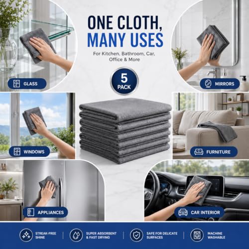 5 PCS Magic Cleaning Cloth Thick Microfiber Cleaning Cloths Streak Free Glass Cleaning Cloth for Windows Mirrors Shower Doors Kitchen and Stainless Steel Reusable Lint Free Wipes 15.7 x 11.8 Inch
