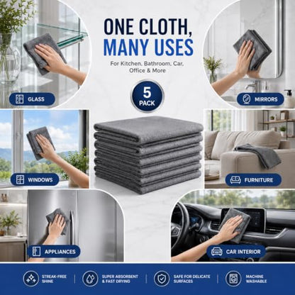5 PCS Magic Cleaning Cloth Thick Microfiber Cleaning Cloths Streak Free Glass Cleaning Cloth for Windows Mirrors Shower Doors Kitchen and Stainless Steel Reusable Lint Free Wipes 15.7 x 11.8 Inch