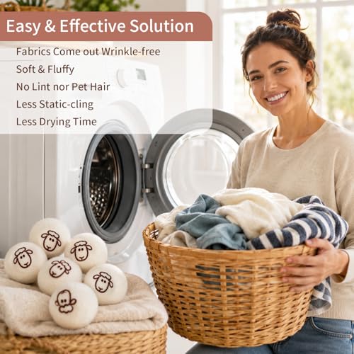 Wool Dryer Balls, New Zealand Dryer Balls Laundry Reusable Reduce Static Cling, Dryer Ball to Reduce Wrinkles & Shorten Drying Time, Drying Balls for Laundry(Pack of 6) - color: Lamb