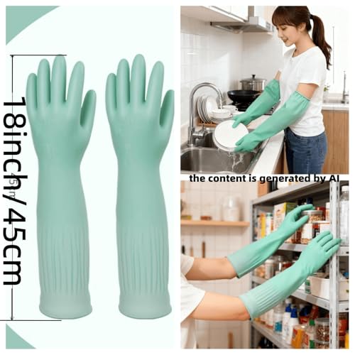 Household Cleaning 18inch Kitchen Dishwashing Rubber Gloves - color: Green, size: Small