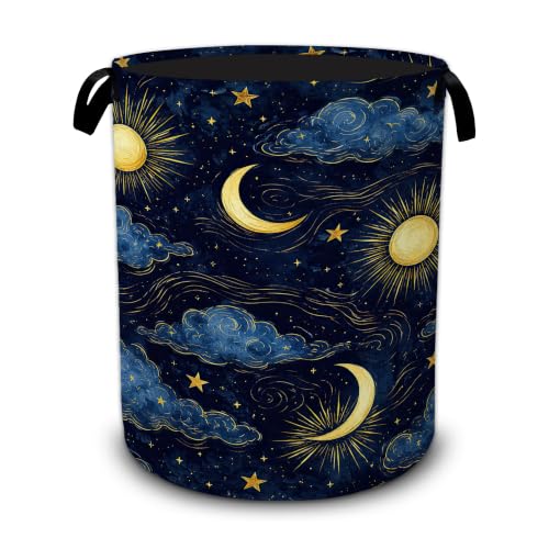 Sun Moon Laundry Basket,Stars Clouds Foldable Oxford Laundry Hamper with Handles,Collapsible Clothes Storage Bucket Tote Bag for Laundry Room,Bathroom,Bedroom,Dorm - color: Sun Moon Stars Clouds