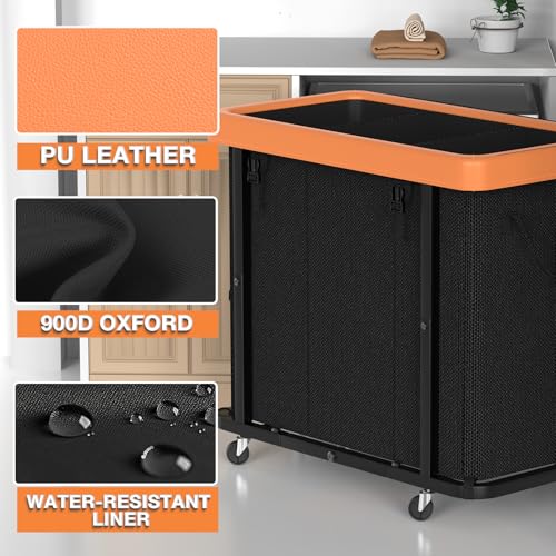 Laundry Basket with Wheels, 230L Leather Patchwork Laundry Sorter 3 Section - color: Black, size: 3 Section-230L