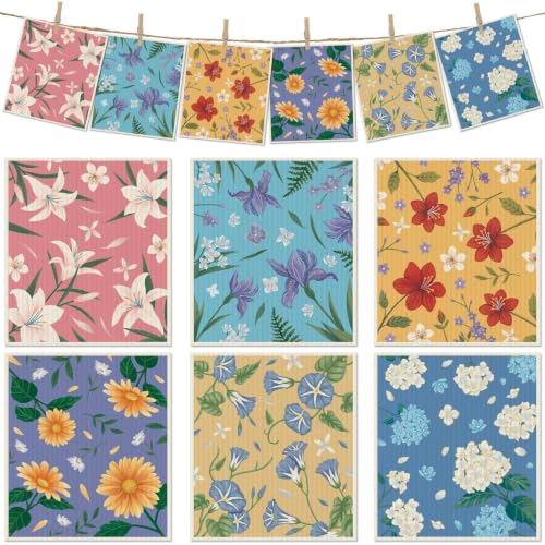 6 Pcs Swedish Paper Cloths for Kitchen, Reusable Paper Towels Washable - color: Lily Floral