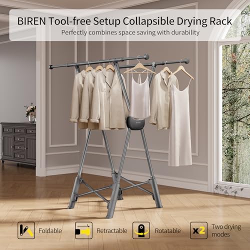 BIREN Clothes Drying Rack Heavy Duty Clothing Racks Foldable Laundry Rack Two Drying Modes Garment Racks for Drying Clothes, Adjustable Length from 32-55 Inches for Indoor Outdoor Use - color: Gray