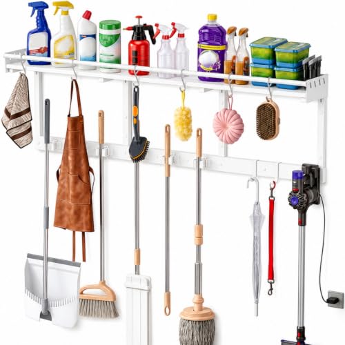 Broom Holder Wall Mount with Shelf,Broom Hanger,3 in 1 Broom and Mop Organizer Wall Hanging for Laundry,Garage,Utility,Broom Rack,Vacuum Stand Alternative,Cleaning Supplies Organizer Storage,White,XL - color: White, size: XL