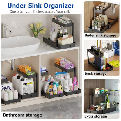 BLULEE 2 Pack Under Sink Organizer, Adjustable Pull Out Storage Rack