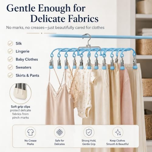 20 Clips Laundry Hanger with Strong Grip Clothespins, Space Saving Sock Drying Rack for Underwear Baby Clothes Towels, Hanging Laundry Organizer for Indoor Outdoor Use,（Blue） - color: Blue