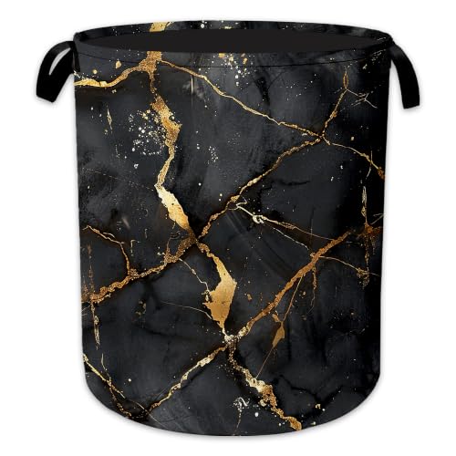 Black Marble Laundry Hamper, Gold Veins Laundry Baskets, Waterproof Oxford Cloth for Room/Bathroom/Bedroom/Dormitories 16x20.8 Inch - color: Black Marble