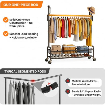 Rolling Clothes Drying Rack with Lockable Wheels, Heavy Duty Metal Laundry Drying Rack with 5 Hooks and 2-Tier Drying Shelves, Drying Rack Clothing for Indoor and Outdoor Use