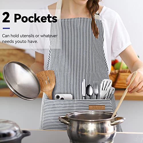 NLUS 2 Pack Cooking Aprons for Women with Pockets, Adjustable Kitchen Bib Aprons Chef Aprons for Women Men(Blue Pinstripes) - color: Navy Blue