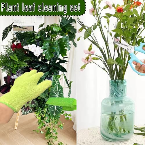 Leaf Cleaning Tongs |Microfiber Gloves for Plant Dusting Gentle Leaf Shine Comes with 2 Removable Sleeves and and 1 Garden Shear