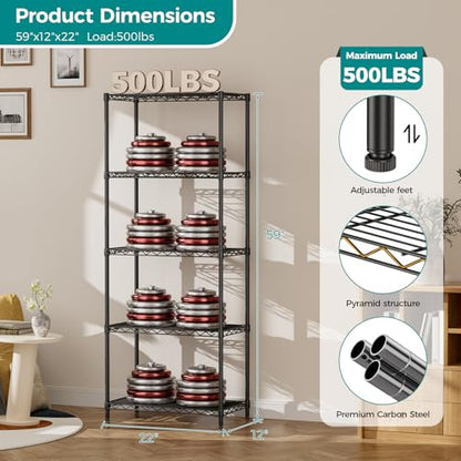 SINGAYE 5 Metal Shelves Wire Shelving Storage Shelf Adjustable Unit Pantry - color: Black, size: 5 Tier 12"Dx22"Wx59"H