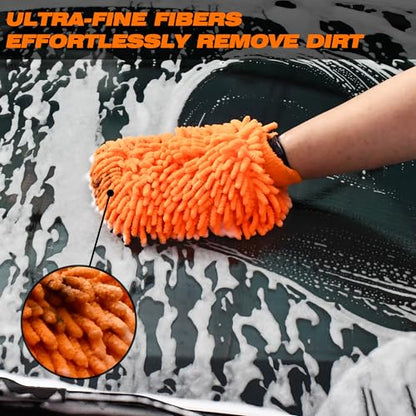 Microfiber Car Wash Mitt, 2 Pack Premium Chenille Wash Mitt, Scratch-Free, Lint-Free, Super Absorbent Car Cleaning Glove for Auto Detailing, Cars, Trucks, SUVs, RVs & Boats