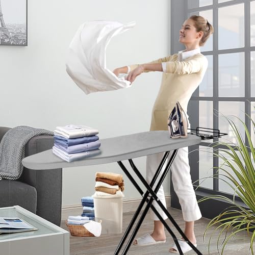 Ironing Board, 43x14 Inch Iron Board with Steam Rest, Heavy Duty Metal Frame Legs Ironing Table with Heat Resistant Cover Mat, Foldable Full Size Hanger Ironing Stand (Grey, 52" L x 14" W x 34.6" H) - color: Gray