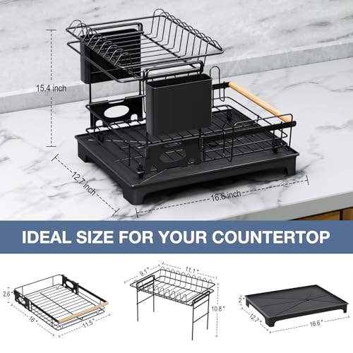 2-Tier Dish Rack Large Capacity Dish Drying Rack for Kitchen Counter Anti-Rust Dish Strainer with Drainboard, Cup Holder, Utensil & Cutting Board Organizer, Heavy Duty Metal, Black - size: 2 Tier Standard