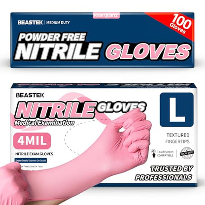 BEASTEK Medical Nitrile Exam Gloves Disposable Powder-Free, 4 Mil 100 Count - color: Large (Rose Quartz)