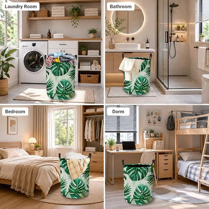 Tropical Leaves Laundry Basket, Green Foliage Collapsible Laundry Hamper Waterproof Oxford Cloth With Handles, Clothes Storage Bucket For Bathroom/Bedroom 16" x 20.8" - color: Tropical Leaves