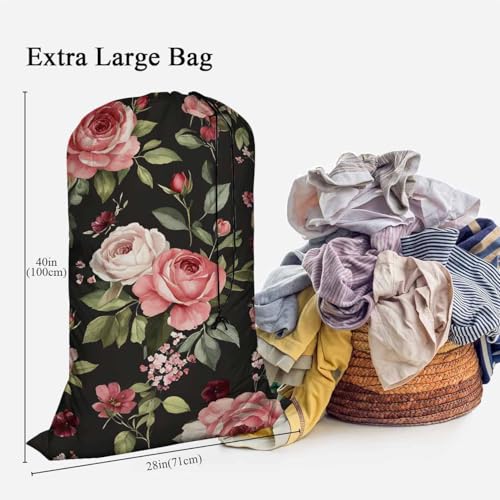 Swono Flower Laundry Bag Large Heavy Duty Laundry Backpack with Adjustable Drawstring Closure Watercolor Spring Flowers Roses And Leaves Pattern Heavy Duty Travel Laundry Bag, Large Laundry Hamper - color: Flower