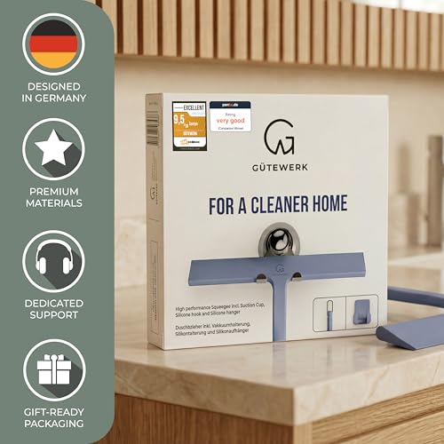 GÜTEWERK Silicone Shower Squeegee with 3-in-1 No-Drill Mount, Blue, 11'' - color: Blue, size: 11 Inches
