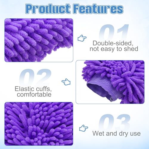 HARFINGTON 2pcs Chenille Microfiber Car Wash Mitts 10" x 7.5" Scratch Free Wash Gloves Absorbent Double Sided Plush Cleaning Drying Mitts for Car Washing Home Clean Purple - color: Purple