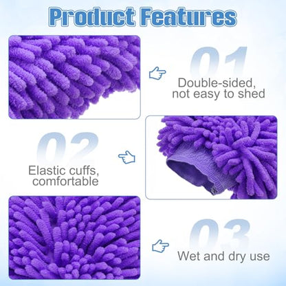 HARFINGTON 2pcs Chenille Microfiber Car Wash Mitts 10" x 7.5" Scratch Free Wash Gloves Absorbent Double Sided Plush Cleaning Drying Mitts for Car Washing Home Clean Purple - color: Purple