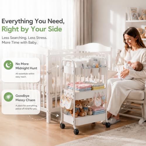 Heavy Duty 3 Tier Rolling Cart Metal with Wheels, White Three Tiered Shelf - color: Pure White