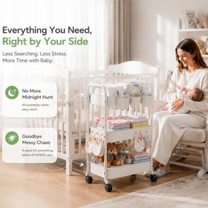 Heavy Duty 3 Tier Rolling Cart Metal with Wheels, White Three Tiered Shelf - color: Pure White
