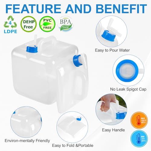 2 Pack Collapsible Water Container with Spigot,BPA Free Food Safe Camping Water Storage Carrier Jug for Outdoors Hiking Backpack & Survival Kit, Foldable Portable Water Canteen(10L/5.3 Gallon)